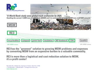 “A World Bank study sees global trash avalanche by 2025.
Handling the current 1.43BB tons of trash costs $205BB and it is estimated to grow to 2.42BB tons at $375BB annually”
RE3 has the “greenest” solution to growing MSW problems and expenses
by converting MSW from an expensive burden to a valuable commodity.
RE3 is more than a logistical and cost reduction solution to MSW,
it’s a profit center!
MSW
landfill
>90% MSW volume <05% MSW volume
recycleables compost AD feedstockinsulation CH4green fuel
RE3
 
