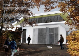 >> kulmøllen
Vi har september 2008 færdiggjort forprojektet for Kulmøllen og
den resterende projektering afventer den endelige finansiering. Pro-
jektet er støttet af Lokale- og Anlægsfonden, der har bidraget med 6
mill. kr. Den resterende fondraising pågår efterår-vinter 2008

På billedet ses den udkragede glasfacade der omgiver 2. salens café
og foyer. I denne facade arbejder vi med et helt nyt system til ter-
misk regulering. Det yderste lag af glasset indeholder et prismatisk
element som afskærmer for meget varmetransporterende solindfald
hvor solen står højt på himmelen og tillader mindre varmetranspor-
terende lys med en lavere indfaldsvinkel at passere.

Det andet særlige lag er et materiale som ændrer egenskaber efter
temperatur og som har en evne til at lagre energi der er 10 gange
større end beton. Når materialet igen afgiver varmen vil det altid
holde temperaturen nede på en komforttemperatur på max 26-28
grader. På den måde undgåes overophedning samtidig med at
solenergien udnyttes
 