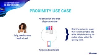 |
PROXIMITY USE CASE
Sally needs some
health food
Ad served at entrance
of grocery store
Real time proximity trigger
that can serve mobile ads
while Sally is browsing her
mobile phone within the
grocery store.
}
Ad served on mobile
 