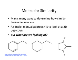 Molecular Similarity 
       •  Many, many ways to determine how similar 
          two molecules are 
       •  A simple, manual approach is to look at a 2D 
          depic/on 
       •  But what are we looking at?  




Willet, J Chem Inf Comput Sci, 1998, 38, 983-996
Sheridan et al, Drug Discov Today, 2002, 7, 903-911
 