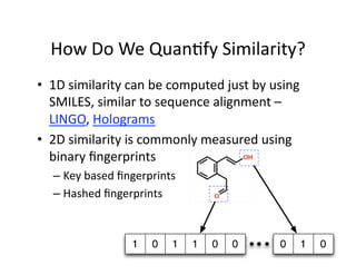 How Do We Quan/fy Similarity? 
•  1D similarity can be computed just by using 
   SMILES, similar to sequence alignment – 
   LINGO, Holograms 
•  2D similarity is commonly measured using 
   binary ﬁngerprints 
  –  Key based ﬁngerprints 
  –  Hashed ﬁngerprints 
 
