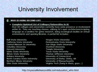 University Involvement  http://mysocalledsecondlife.com/education_who.html 
