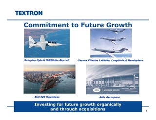 4
Investing for future growth organically
and through acquisitions
Commitment to Future Growth
Scorpion Hybrid ISR/Strike Aircraft
Able Aerospace
Cessna Citation Latitude, Longitude & Hemisphere
Bell 525 Relentless
 