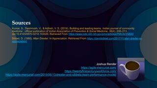 Sources
Kumar, S., Deshmukh, V., & Adhish, V. S. (2014). Building and leading teams. Indian journal of community
medicine : official publication of Indian Association of Preventive & Social Medicine, 39(4), 208–213.
doi:10.4103/0970-0218.143020. Retrieved From https://www.ncbi.nlm.nih.gov/pmc/articles/PMC4215500/
Sibbet, D. (1980). Allan Drexler: In Appreciation. Retrieved From https://davidsibbet.com/2017/11/alan-drexler-in-
appreciation/
Joshua Render
https://agile-mercurial.com/
https://twentyfirstcenturyworkforce.com/
https://agile-mercurial.com/2019/06/13/drexler-and-sibbets-team-performance-model/
 