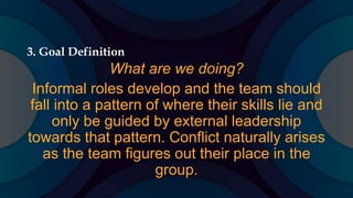 3. Goal Definition
What are we doing?
Informal roles develop and the team should
fall into a pattern of where their skills lie and
only be guided by external leadership
towards that pattern. Conflict naturally arises
as the team figures out their place in the
group.
 