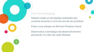 User Story Mapping
Mapeie todas as atividades realizadas por
usuários durante o ciclo de uso do seu produto
Fatie a sua release no Mínimo Produto Viável
Desenvolva a estratégia de desenvolvimento
pensando no valor de cada Release
 