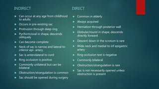 INDIRECT
 Can occur at any age from childhood
to adults
 Occurs in pre-existing sac
 Protrusion through deep ring
 Pyriform/oval in shape, descends
obliquely
 Can become complete
 Neck of sac is narrow and lateral to
inferior epi- artery
 Sac is anterolateral to cord
 Ring occlusion is positive
 Commonly unilateral but can be
bilateral
 Obstruction/strangulation is common
 Sac should be opened during surgery
DIRECT
 Common in elderly
 Always acquired
 Herniation through posterior wall
 Globular/round in shape, descends
directly forward
 Descent down in the scrotum is rare
 Wide neck and medial to inf epigastric
artery
 Ring occlusion test is negative
 Commonly bilateral
 Obstruction/strangulation is rare
 Sac is not necessarily opened unless
obstruction is present
 