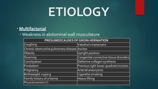 ETIOLOGY
 Multifactorial
 Weakness in abdominal wall musculature
PRESUMEDCAUSESOF GROIN HERNIATION
Coughing Valsalva's maneuvers
Chronic obstructive pulmonary disease Ascites
Obesity Upright position
Straining Congenital connective tissue disorders
Constipation Defective collagen synthesis
Prostatism Previous right lower quadrant incision
Pregnancy Arterial aneurysms
Birthweight <1500 g Cigarette smoking
Family history of a hernia Heavy lifting
Physical exertion (?)
 