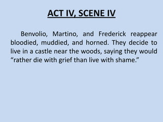 ACT IV, SCENE III
    Benvolio, Martino, Frederick, and soldiers
attack Dr. Faustus on his way out of town, cutting
off the doctor’s head. As they joke about what to
do with his beard, eyes, and various body parts,
Faustus rises and tells them to keep his head – he’ll
make another. Conjuring Mephostophilis and other
devils, Faustus orders them to take the courtiers to
hell. When the soldiers attempt to defend the
courtiers, they, too, are driven out.
 