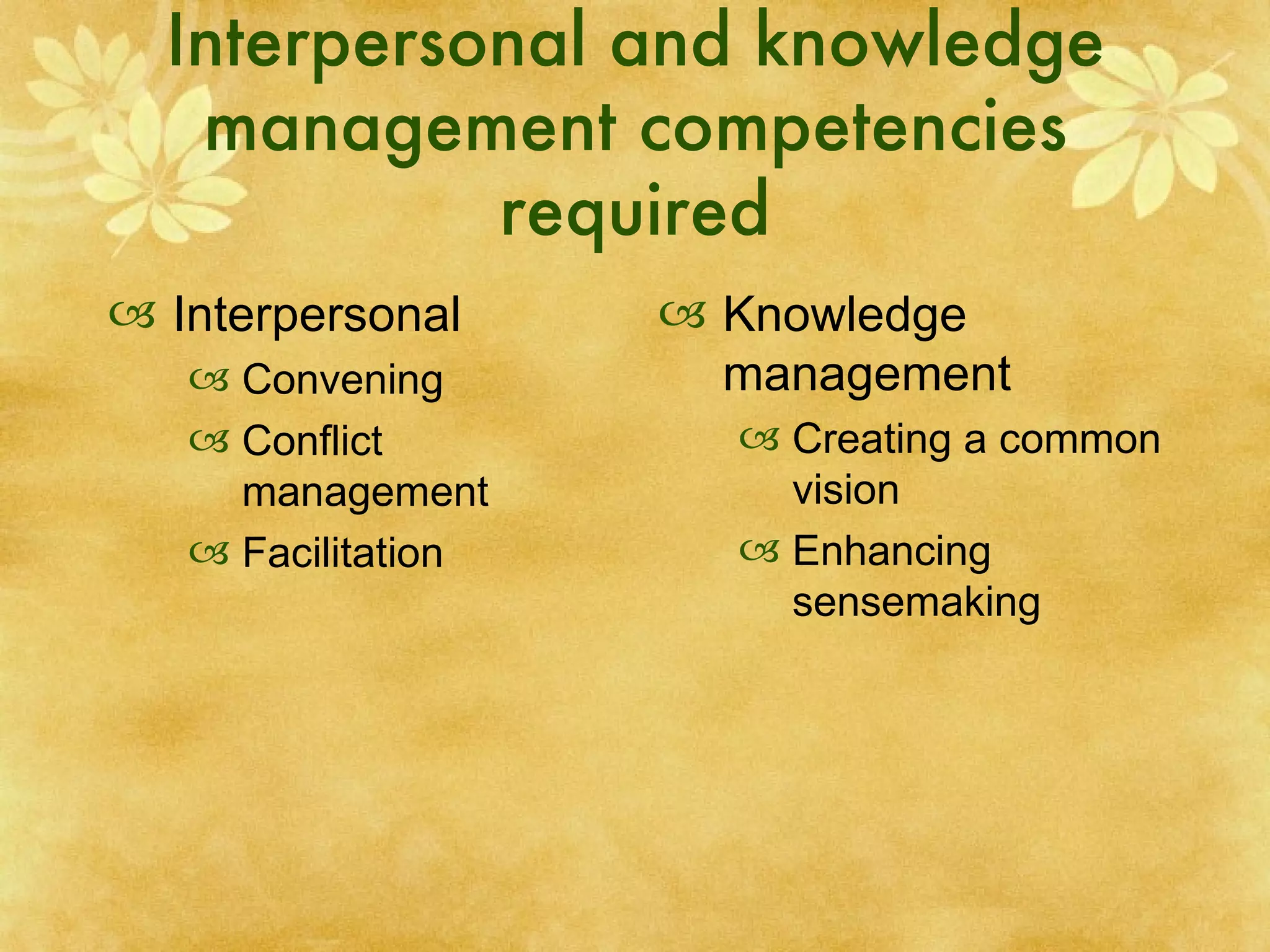 Interpersonal and knowledge management competencies required Interpersonal Convening Conflict management Facilitation Knowledge management Creating a common vision Enhancing sensemaking 