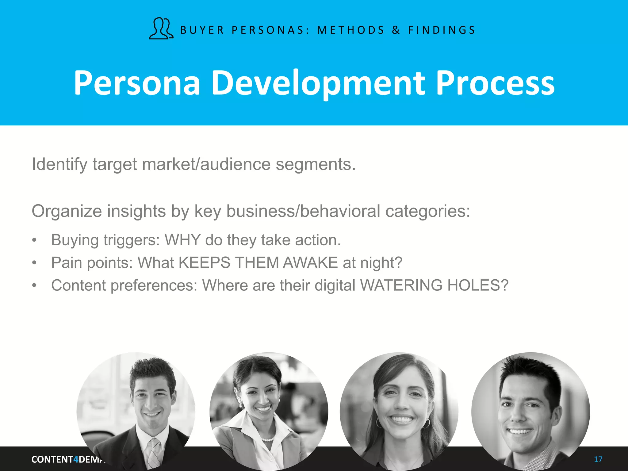 CONTENT4DEMAND	
   17	
  
Persona	
  Development	
  Process	
  
Identify target market/audience segments.
Organize insights by key business/behavioral categories:
•  Buying triggers: WHY do they take action.
•  Pain points: What KEEPS THEM AWAKE at night?
•  Content preferences: Where are their digital WATERING HOLES?
B U Y E R 	
   P E R S O N A S : 	
   M E T H O D S 	
   & 	
   F I N D I N G S 	
   	
  
 