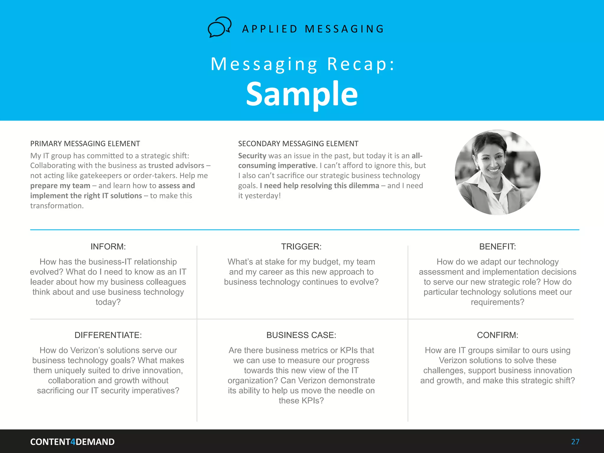 CONTENT4DEMAND	
   27	
  
Messaging	
  Recap:	
  	
  
Sample	
  
PRIMARY	
  MESSAGING	
  ELEMENT	
  
My	
  IT	
  group	
  has	
  commi5ed	
  to	
  a	
  strategic	
  shik:	
  
CollaboraIng	
  with	
  the	
  business	
  as	
  trusted	
  advisors	
  –	
  
not	
  acIng	
  like	
  gatekeepers	
  or	
  order-­‐takers.	
  Help	
  me	
  
prepare	
  my	
  team	
  –	
  and	
  learn	
  how	
  to	
  assess	
  and	
  
implement	
  the	
  right	
  IT	
  soluLons	
  –	
  to	
  make	
  this	
  
transformaIon.	
  
	
  
SECONDARY	
  MESSAGING	
  ELEMENT	
  
Security	
  was	
  an	
  issue	
  in	
  the	
  past,	
  but	
  today	
  it	
  is	
  an	
  all-­‐
consuming	
  imperaLve.	
  I	
  can’t	
  aﬀord	
  to	
  ignore	
  this,	
  but	
  
I	
  also	
  can’t	
  sacriﬁce	
  our	
  strategic	
  business	
  technology	
  
goals.	
  I	
  need	
  help	
  resolving	
  this	
  dilemma	
  –	
  and	
  I	
  need	
  
it	
  yesterday!	
  	
  
	
  
INFORM:
How has the business-IT relationship
evolved? What do I need to know as an IT
leader about how my business colleagues
think about and use business technology
today?
TRIGGER:
What’s at stake for my budget, my team
and my career as this new approach to
business technology continues to evolve?
BENEFIT:
How do we adapt our technology
assessment and implementation decisions
to serve our new strategic role? How do
particular technology solutions meet our
requirements?
DIFFERENTIATE:
How do Verizon’s solutions serve our
business technology goals? What makes
them uniquely suited to drive innovation,
collaboration and growth without
sacrificing our IT security imperatives?
BUSINESS CASE:
Are there business metrics or KPIs that
we can use to measure our progress
towards this new view of the IT
organization? Can Verizon demonstrate
its ability to help us move the needle on
these KPIs?
CONFIRM:
How are IT groups similar to ours using
Verizon solutions to solve these
challenges, support business innovation
and growth, and make this strategic shift?
A P P L I E D 	
   M E S S A G I N G 	
  
 