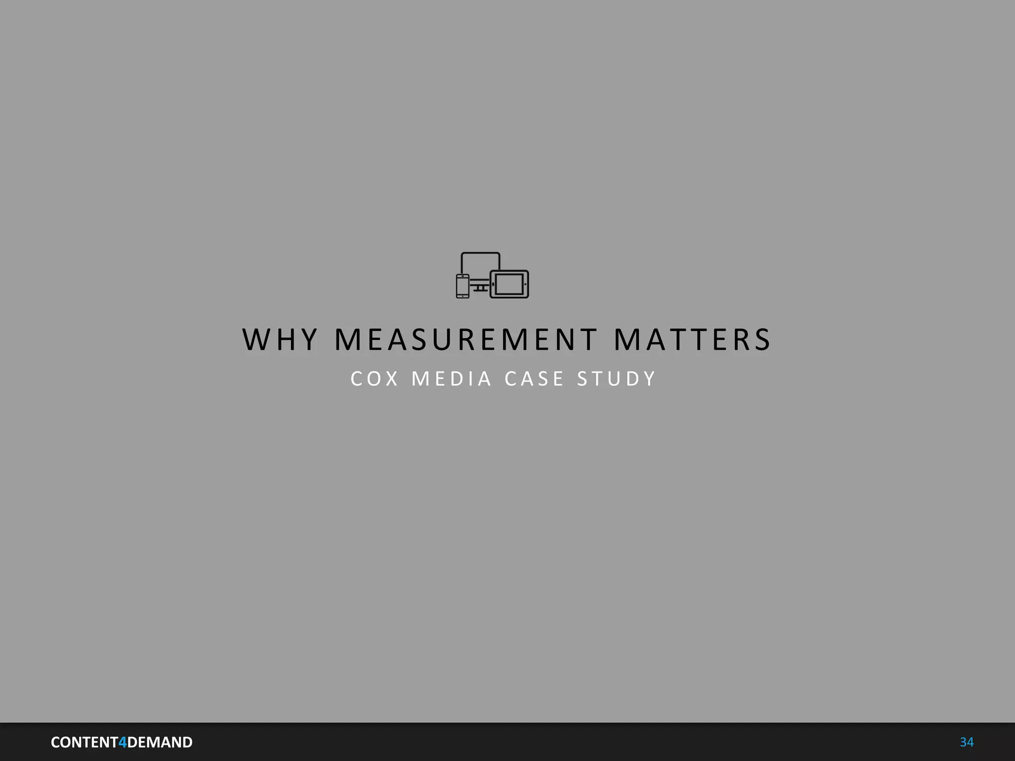 CONTENT4DEMAND	
   34	
  
Agenda	
  
WHY	
  MEASUREMENT	
  MATTERS	
  
C O X 	
   M E D I A 	
   C A S E 	
   S T U D Y 	
  
 