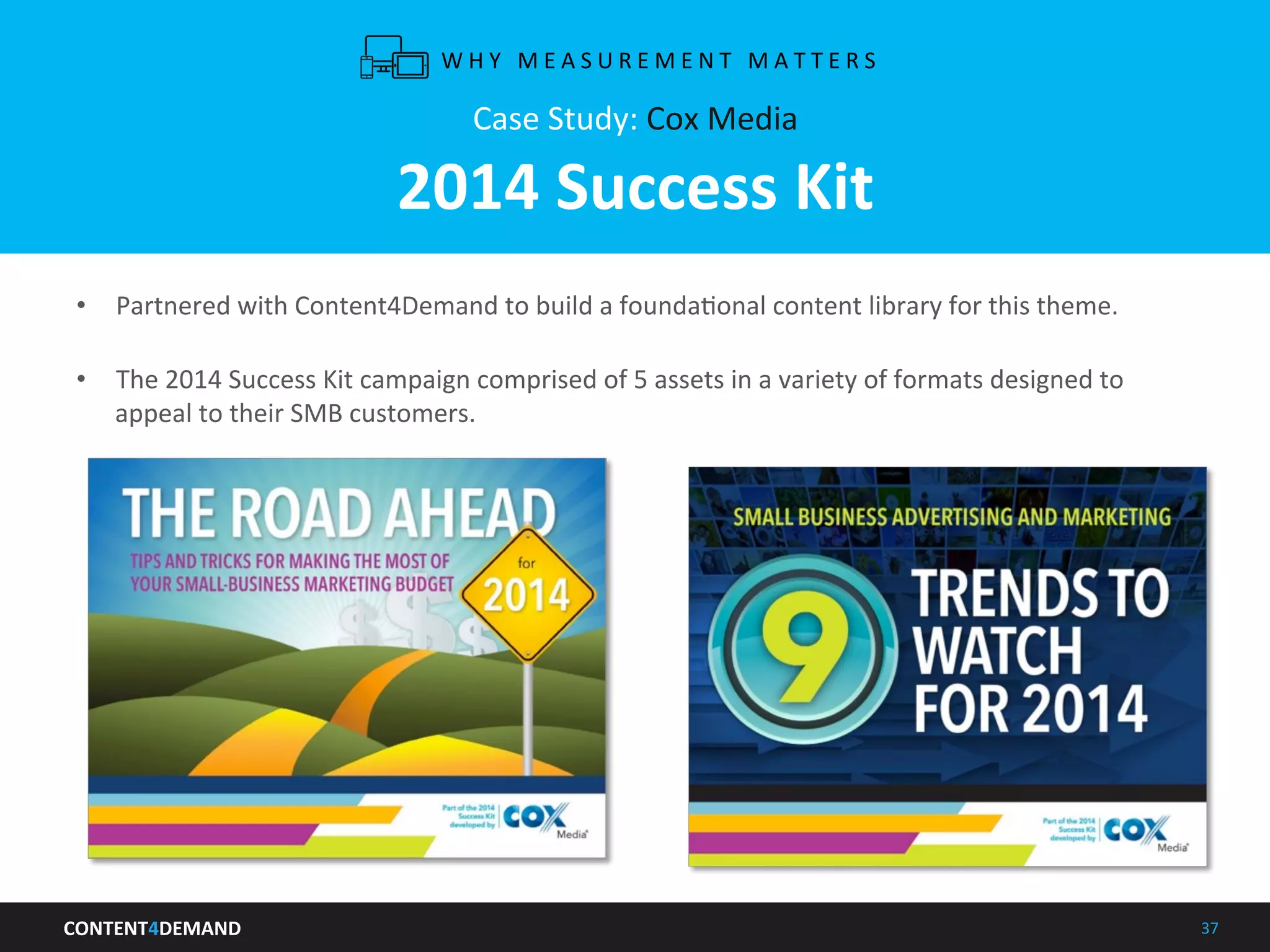 CONTENT4DEMAND	
   37	
  
Case	
  Study:	
  Cox	
  Media	
  
	
  
2014	
  Success	
  Kit	
  
	
  
•  Partnered	
  with	
  Content4Demand	
  to	
  build	
  a	
  foundaIonal	
  content	
  library	
  for	
  this	
  theme.	
  	
  
	
  
•  The	
  2014	
  Success	
  Kit	
  campaign	
  comprised	
  of	
  5	
  assets	
  in	
  a	
  variety	
  of	
  formats	
  designed	
  to	
  
appeal	
  to	
  their	
  SMB	
  customers.	
  
W H Y 	
   M E A S U R E M E N T 	
   M A T T E R S 	
  
 