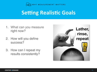 CONTENT4DEMAND	
   36	
  
Semng	
  RealisLc	
  Goals	
  
1.  What can you measure
right now?
2.  How will you deﬁne
succes...