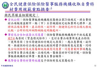 全民健康保險保險醫事服務機構收取自費特
    材費用規範重點摘要-3
 與民眾權益相關規定：
  資訊公開：保險醫事服務機構應依醫療法第21條規定，將自費特
   材品項報請直轄市、縣（市）主管機關核定收取費用之標準，並
   將該品項及費用、產品特性、副作用、與健保已給付品項之療效
   比較，公布於院所網際網路或明顯處所。
  事前充分告知並簽立同意書：保險醫事服務機構應於手術或處置
   前2日為原則（緊急情況除外），交付自費品項費用及產品特性
   、使用原因（含不符健保給付規定之原因）、應注意事項、副作
   用，與健保給付品項之療效比較說明書予保險對象或家屬，同時
   充分向保險對象或家屬解說及填寫同意書，同意書載明事項應包
   含該等自費品項名稱、品項代碼、醫療器材許可證字號、保險醫
   事服務機構特材單價、數量及自費金額等。
  應摯發自費特材費用收據交予保險對象或家屬收存。
中央健康保險局                            32
 