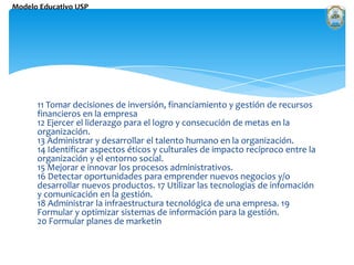 11 Tomar decisiones de inversión, financiamiento y gestión de recursos financieros en la empresa 12 Ejercer el liderazgo para el logro y consecución de metas en la organización. 13 Administrar y desarrollar el talento humano en la organización. 14 Identificar aspectos éticos y culturales de impacto recíproco entre la organización y el entorno social. 15 Mejorar e innovar los procesos administrativos. 16 Detectar oportunidades para emprender nuevos negocios y/o desarrollar nuevos productos. 17 Utilizar las tecnologias de infomación y comunicación en la gestión. 18 Administrar la infraestructura tecnológica de una empresa. 19 Formular y optimizar sistemas de información para la gestión. 20 Formular planes de marketin