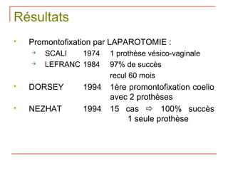 Résultats
   Promontofixation par LAPAROTOMIE :
       SCALI   1974   1 prothèse vésico-vaginale
       LEFRANC 1984   97% de succès
                       recul 60 mois
   DORSEY      1994   1ère promontofixation coelio
                       avec 2 prothèses
   NEZHAT      1994   15 cas  100% succès
                           1 seule prothèse
 