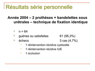 Résultats série personnelle
Année 2004 – 2 prothèses + bandelettes sous
  urétrales – technique de fixation identique

      n = 64
      guéries ou satisfaites          61 (95,3%)
      échecs                          3 cas (4,7%)
           1 réintervention récidive cystocèle
           1 réintervention récidive IUE
           1 occlusion
 