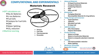 Center for Materials Science and Engineering
2
Ø Advanced Materials
Ø N-Doped functional Materials
Ø Composite Materials
Ø Conducting Polymers
Ø MOF
Ø HEOs and HEF
Ø Biomaterials
Ø Packaging Materials
Ø Biocompatible Materials for drug delivery
Ø Energy Storage and Conversion
Ø Supercapacitors
Ø Batteries
Ø Microbial Fuel Cells
Ø PV Solar Cell
Ø Solid Electrolytes
Ø (PILs Electrolytes)
Ø Polymer Electrolytes
Ø Circular Economy
Ø Waste-to-Energy
Ø Waste to Construction Materials
Ø Waste to composite adsorbent materials
Ø Catalysis
Ø CO2 electrocatalytic reduction
Ø Water Splitting
Ø Membrane Technology
Ø Renewable Energies
ØDFT calculations on:
vNa-Air Batteries
vLi-Ion Batteries
vFuel Cells
vCatalysis for Fuel Cells
vORR
vWater Splitting
vCO2 reduction
ØMachine Learning
Ø Sensors
Ø Fuel Cells
Ø Thermomaterials
Ø Perovskite
COMPUTATIONAL AND EXPERIMENTALS
 