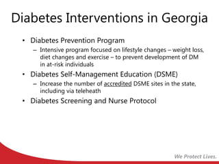 Diabetes Interventions in Georgia
• Diabetes Prevention Program
– Intensive program focused on lifestyle changes – weight ...