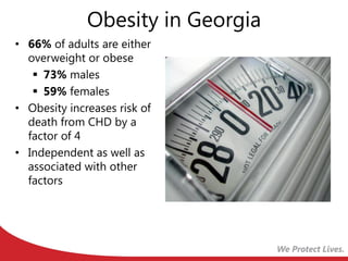 Obesity in Georgia
• 66% of adults are either
overweight or obese
 73% males
 59% females
• Obesity increases risk of
de...