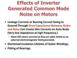 Effects of Inverter
Generated Common Mode
Noise on Motors
• Leakage Currents or Bearing Current Going to
Ground Through Stray Capacitance Between Stator
and Rotor Can Create Skin Currents on Auto Body.
(Very low impedance at high frequency.)
– Want CM return currents to flow on cable shield so no
external electromagnetic field generated.
• Shortened Insulation Lifetime of Stator Windings.
• Pitting of Bearings.
 