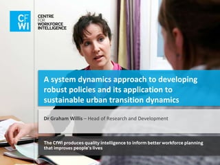 A system dynamics approach to developing
robust policies and its application to
sustainable urban transition dynamics
Dr Graham Willis – Head of Research and Development
The CfWI produces quality intelligence to inform better workforce planning
that improves people’s lives
1
 