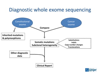 Diagnostic whole exome sequencing Clinical Report Constitutional exome Cancer exome Compare Other diagnostic  data Somatic mutations Subclonal heterogeneity Substitutions Indels Copy number changes Translocations Inherited mutations & polymorphisms 