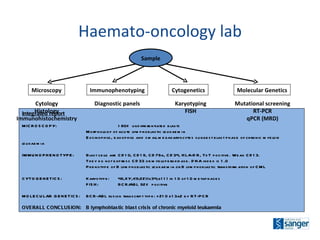 Haemato-oncology lab Microscopy Immunophenotyping Cytogenetics Molecular Genetics Sample Integrated report MICROSCOPY: >80% undifferentiated blasts Morphology of acute lymphoblastic leukaemia Eosinophils, basophils and small megakaryocytes suggest blast phase of chronic myeloid leukaemia IMMUNOPHENOTYPE: Blast cells are CD10, CD19, CD79a, CD34, HLA-DR, TdT positive. Weak CD13. They do not express CD33 or myeloperoxidase. DNA index is 1.0 Phenotype of B lymphoblastic leukaemia or B lymphoblastic transformation of CML CYTOGENETICS: Karyotype:  46,XY,t(9;22)(q34;q11) in 10 of 10 metaphases FISH:  BCR/ABL 92% positive MOLECULAR GENETICS: BCR-ABL fusion transcript type: p210 e13a2 by RT-PCR OVERALL CONCLUSION: B lymphoblastic blast crisis of chronic myeloid leukaemia Cytology Histology Immunohistochemistry Diagnostic panels Karyotyping FISH Mutational screening RT-PCR qPCR (MRD) 
