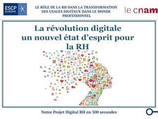 LE RÔLE DE LA RH DANS LA TRANSFORMATION
DES USAGES DIGITAUX DANS LE MONDE
PROFESSIONNEL
Notre Projet Digital RH en 300 secondes
 