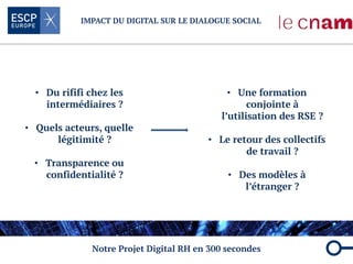 IMPACT DU DIGITAL SUR LE DIALOGUE SOCIAL
Notre Projet Digital RH en 300 secondes
• Du rififi chez les
intermédiaires ?
• Quels acteurs, quelle
légitimité ?
• Transparence ou
confidentialité ?
• Une formation
conjointe à
l’utilisation des RSE ?
• Le retour des collectifs
de travail ?
• Des modèles à
l’étranger ?
 