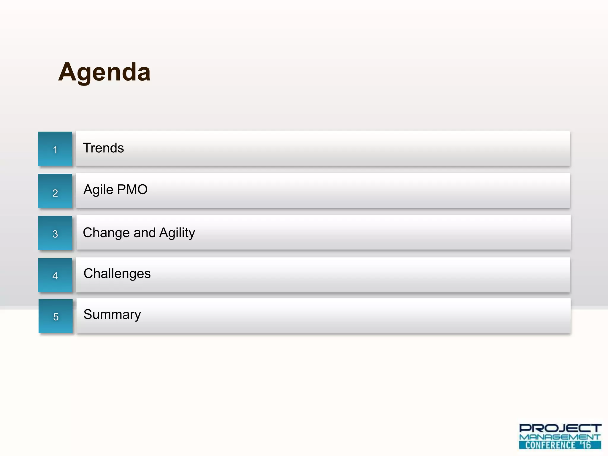 Trends
Agenda
1
2
3
4
Agile PMO
Challenges
Change and Agility
Summary5
 