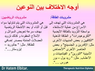 ‫النوعين‬ ‫بين‬ ‫االختالف‬ ‫أوجه‬
‫الرياضيين‬ ‫مشروبات‬
:
‫سواء‬ ‫تناولها‬ ‫يتم‬ ‫التي‬ ‫المشروبات‬ ‫هي‬
‫الرياضية‬ ‫األنشطة‬ ‫بعد‬ ‫أو‬ ‫أثناء‬ ‫أو‬ ‫قبل‬
‫و‬ ‫السوائل‬ ‫تعويض‬ ‫سرعة‬ ‫بهدف‬
‫تزويد‬ ‫كذلك‬ ‫و‬ ‫المفقودة‬ ‫األمالح‬
‫إضافي‬ ‫بمصدر‬ ‫العاملة‬ ‫العضالت‬
‫للطاقة‬
.
‫مثل‬
" :
‫جاتوريد‬
–
‫إيزوستار‬
."....
‫الطاقة‬ ‫مشروبات‬
:
‫إلى‬ ‫تهدف‬ ‫التي‬ ‫المشروبات‬ ‫هي‬
‫االستشفاء‬ ‫عملية‬ ‫من‬ ‫االسراع‬
‫األيضية‬ ‫بالطاقة‬ ‫التزويد‬ ‫بواسطة‬
"
‫الكربوهيدرات‬
"
‫الذهنية‬ ‫الطاقة‬ ‫و‬
"
‫األخرى‬ ‫المنبهات‬ ‫بعض‬ ‫و‬ ‫الكافيين‬
‫مثل‬
:
‫الجنسينج‬ ‫و‬ ‫اإلفدرين‬
"
‫بعض‬ ‫و‬
‫األخرى‬ ‫العناصر‬
"
‫األحماض‬
‫األمينية‬
"
‫التورين‬
"
‫و‬ ‫الفيتامينات‬ ‫و‬
‫األعشاب‬
.
‫مثل‬
" :
‫بول‬ ‫ريد‬
–
‫بور‬
‫هورس‬
."....
 