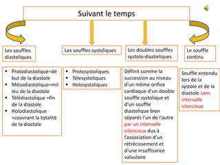 Suivant le temps
Les souffles
diastoliques
 Protodiastolique=dé
but de la diastole
 Mésodiastolique=mil
ieu de la diastole
 Télédiastolique =fin
de la diastole
 Holodiastolique
=couvrant la totalité
de la diastole
Les souffles systoliques
 Protosystoliques
 Télesystoliques
 Holosystoliques
Les doubles souffles
systolo-diastoliques
Définit comme la
succession au niveau
d’un même orifice
cardiaque d’un double
souffle systolique et
d’un souffle
diastolique bien
séparés l’un de l’autre
par un intervalle
silencieux dus à
l’association d’un
rétrécissement et
d’une insuffisance
valvulaire
Le souffle
continu
Souffle entendu
lors de la
systole et de la
diastole sans
intervalle
silencieux
 