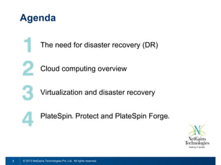 Agenda
The need for disaster recovery (DR)
Cloud computing overview
Virtualization and disaster recovery
PlateSpin Protect and PlateSpin Forge
®

2

© 2013 NetGains Technologies Pvt. Ltd. All rights reserved.

®

 
