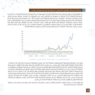 ‫ﺗﻮﻧﺲ‬ - ‫اﻻﺟﺘﻤﺎﻋﻲ‬ ‫اﻟﺘﻮاﺻﻞ‬ ‫وﺳﺎﺋﻞ‬ ‫ﻋﻠﻰ‬ ‫اﻻﻧﺘﺨﺎﺑﻴﺔ‬ ‫اﻟﺤﻤﻼت‬ ‫ﻣﺮاﻗﺒﺔ‬
19
‫ﺗﻮﻧﺲ‬ ‫ﻓﻲ‬ ‫اﻟﺮﺳﻤﻴﺔ‬ ‫ﻏﻴﺮ‬ ‫اﻟﺴﻴﺎﺳﻴﺔ‬ ‫اﻻﺟﺘﻤﺎﻋﻲ‬ ‫اﻟﺘﻮاﺻﻞ‬ ‫وﺳﺎﺋﻞ‬ ‫ﺣﺴﺎﺑﺎت‬ 2
‫اﻷﺟﻨﺪة‬ ‫ذات‬ ‫اﻟﺼﻔﺤﺎت‬ ‫أو‬ ‫اﻹﻋﻼم‬ ‫وﺳﺎﺋﻞ‬ ‫إﻧﺘﺎج‬ ‫ﻣﻦ‬ ‫اﻟﻔﻴﺴﺒﻮك‬ ‫ﻋﻠﻰ‬ ‫ﺗﺄﺛﻴﺮا‬ ‫اﻷﻛﺜﺮ‬ ‫اﻟﺴﻴﺎﺳﻴﺔ‬ ‫اﻟﺮﺳﺎﺋﻞ‬ ‫ﺗﻜﻮن‬ ‫أن‬ ‫اﻟﻤﺮء‬ ‫ﻳﺘﻮﻗﻊ‬ ‫ﻗﺪ‬
‫ﺑﺸﻜﻞ‬ ‫ﺳﻴﺎﺳﻴﺎ‬ ‫ﻧﺸﻄﺔ‬ ‫أﺻﺒﺤﺖ‬ ‫ﻗﺪ‬ ‫اﻟﻔﻴﺴﺒﻮك‬ ‫ﻋﻠﻰ‬ ‫اﻟﺠﺪد‬ ‫اﻟﻔﺎﻋﻠﻴﻦ‬ ‫ﻣﻦ‬ ‫ﻣﺠﻤﻮﻋﺔ‬ ‫أن‬ ‫ﻻﺣﻈﻨﺎ‬ ‫أﻧﻨﺎ‬ ‫إﻻ‬ .‫اﻟﻤﻌﻠﻨﺔ‬ ‫اﻟﺴﻴﺎﺳﻴﺔ‬
‫ﺗﻢ‬ ‫اﻟﺘﻲ‬ ‫اﻟﺴﻴﺎﺳﻴﺔ‬ ‫اﻟﺮﺳﺎﺋﻞ‬ ‫ﺟﻤﻴﻊ‬ ‫ﻣﻦ‬ ٪ 38.5 ‫ﺷﺎرﻛﺖ‬ ،‫أﻋﻼه‬ ‫اﻟﻤﺬﻛﻮرة‬ ‫اﻟﺮﺳﻤﻴﺔ‬ ‫ﻏﻴﺮ‬ ‫اﻟﺼﻔﺤﺎت‬ :‫اﻻﻧﺘﺨﺎﺑﺎت‬ ‫اﻗﺘﺮاب‬ ‫ﻣﻊ‬ ‫ﻣﺘﺰاﻳﺪ‬
‫ﻫﺬه‬ ،‫اﻟﺼﻔﺤﺎت‬ ‫أﻧﻮاع‬ ‫ﺣﺴﺐ‬ ‫اﻟﺴﻴﺎﺳﻲ‬ ‫اﻟﻤﺤﺘﻮى‬ ‫ﻣﺸﺎرﻛﺔ‬ ‫ﻳﺘﺎﺑﻊ‬ ‫اﻟﺬي‬ ،‫أدﻧﺎه‬ ‫اﻟﺒﻴﺎﻧﻲ‬ ‫اﻟﺮﺳﻢ‬ ‫ﺢ‬ ّ‫ﻳﻮﺿ‬ .‫اﻟﻤﺸﺮوع‬ ‫ﻫﺬا‬ ‫ﺧﻼل‬ ‫ﺟﻤﻌﻬﺎ‬
‫إﺛﺎرة‬ ‫اﻷﻛﺜﺮ‬ ‫اﻷﻣﺮ‬ ‫ﻟﻜﻦ‬ .‫ﺎ‬ ً‫ﻣﺘﻮﻗﻌ‬ ‫ﻛﺎن‬ ‫ﻛﻤﺎ‬ ،‫اﻻﻧﺘﺨﺎﺑﺎت‬ ‫ﻣﻮﻋﺪ‬ ‫اﻗﺘﺮاب‬ ‫ﻣﻊ‬ ‫ﺎ‬ ً‫ﻧﺸﺎﻃ‬ ‫أﻛﺜﺮ‬ ‫اﻹﻋﻼﻣﻴﺔ‬ ‫اﻟﺼﻔﺤﺎت‬ ‫أﺻﺒﺤﺖ‬ .‫اﻟﻨﺰﻋﺔ‬
‫ﻫﺪف‬ ‫أو‬ ‫اﻧﺘﻤﺎء‬ ‫أي‬ ‫ﻟﻬﺎ‬ ‫ﻳﻜﻦ‬ ‫ﻟﻢ‬ ‫اﻟﺘﻲ‬ ‫اﻟﺼﻔﺤﺎت‬ ‫ﻣﺠﻤﻮﻋﺔ‬ ‫ﻫﻲ‬ ‫ﻧﺸﺎﻃﻬﺎ‬ ‫ﻣﺴﺘﻮى‬ ‫ارﺗﻔﻊ‬ ‫اﻟﺘﻲ‬ ‫اﻷﺧﺮى‬ ‫اﻟﻔﺌﺔ‬ ‫أن‬ ‫ﻫﻮ‬ ‫ﻟﻠﺪﻫﺸﺔ‬
.‫اﻟﻤﻌﺘﺎد‬ ‫ﻧﺸﺎﻃﻬﺎ‬ ‫ﻣﺴﺘﻮى‬ ‫ﻓﻲ‬ ‫ﺛﺎﺑﺘﺔ‬ ‫اﻟﺮﺳﻤﻴﺔ‬ ‫اﻟﺴﻴﺎﺳﻴﺔ‬ ‫اﻟﺼﻔﺤﺎت‬ ‫ﻇﻠﺖ‬ ‫ﺑﻴﻨﻤﺎ‬ ،‫ﻣﻌﻠﻦ‬ ‫ﺳﻴﺎﺳﻲ‬
‫اﻟﺼﻔﺤﺎت‬ ‫ﻫﺬه‬ ‫وأن‬ ‫ﺧﺎﺻﺔ‬ ‫اﻟﺴﻴﺎﺳﻴﺔ‬ ‫ﻣﻨﺸﻮراﺗﻬﺎ‬ ‫ﺗﺮوﻳﺞ‬ ‫ﻋﻠﻰ‬ ‫أﺣﻴﺎﻧﺎ‬ ‫ﺑﻌﻀﻬﺎ‬ ‫وﺗﻌﻮﻳﻞ‬ ‫اﻟﻜﺒﻴﺮ‬ ‫وﻣﻌﺠﺒﻴﻬﺎ‬ ‫ﻣﺘﺎﺑﻌﻴﻬﺎ‬ ‫ﻟﻌﺪد‬ ‫ﻧﻈﺮا‬
‫اﻟﺮﺳﻤﻴﺔ‬ ‫ﻏﻴﺮ‬ ‫اﻟﻘﻨﻮات‬ ‫ﻟﻬﺬه‬ ‫ﻳﻤﻜﻦ‬ ،‫اﻟﺮﺳﻤﻴﺔ‬ ‫اﻟﺘﻮاﺻﻞ‬ ‫وﺳﺎﺋﻞ‬ ‫ﻋﻜﺲ‬ ‫ﻋﻠﻰ‬ .‫ﺳﻴﺎﺳﻲ‬ ‫ﺗﺄﺛﻴﺮ‬ ‫ﻗﻨﻮات‬ ‫ﻟﺘﻜﻮن‬ ‫اﻟﻤﻤﻜﻨﺔ‬ ‫اﻟﻘﺪرة‬ ‫ﺗﻤﺘﻠﻚ‬
‫ﻋﻦ‬ ‫ﻣﺴﺆوﻟﻴﺔ‬ ‫أي‬ ‫ﺗﺤﻤﻴﻠﻬﺎ‬ ‫ﻳﺘﻢ‬ ‫وﻻ‬ ‫ﺑﻞ‬ ‫ﺗﺤﻔﻈﺎت‬ ‫دون‬ ‫ﺑﺤﺮﻳﺔ‬ ‫ﻟﻠﺘﻮاﺻﻞ‬ ‫وﻣﻨﺎﺻﺮﻳﻬﺎ‬ ‫اﻟﻔﺎﻋﻠﺔ‬ ‫اﻟﺴﻴﺎﺳﻴﺔ‬ ‫ﻟﻸﻃﺮاف‬ ‫اﻟﻔﺮﺻﺔ‬ ‫ﺗﻮﻓﺮ‬ ‫أن‬
‫اﻟﺼﻔﺤﺎت‬ ‫ﻫﺬه‬ ‫ّﺔ‬‫ﻴ‬‫وﺿﻌ‬ ‫ﻣﻦ‬ ‫اﻟﺘﺤﻘﻖ‬ ‫ﻳﻤﻜﻦ‬ ‫ﻻ‬ ‫ﻷﻧﻪ‬ ‫ا‬ً‫ﺮ‬‫ﻧﻈ‬ .‫إﻟﻴﻬﻢ‬ ‫اﻟﻤﻠﻤﺢ‬ ‫ﺑﺎﻟﺴﻴﺎﺳﻴﻴﻦ‬ ‫ارﺗﺒﺎﻃﻬﺎ‬ ‫ﻋﻠﻰ‬ ‫دﻟﻴﻞ‬ ‫ﻳﻮﺟﺪ‬ ‫ﻻ‬ ‫ﻷﻧﻪ‬ ‫ﺧﻄﺎﺑﻬﺎ‬
‫ﻳﺪﻳﺮﻫﺎ‬ ‫ﻛﺎن‬ ‫إذا‬ ‫ﻣﺎ‬ ‫ﻧﻌﺮف‬ ‫ﻻ‬ ‫ﻧﺤﻦ‬ .‫ﺣﻘﺎ‬ ‫وراءﻫﺎ‬ ‫ﻳﻘﻒ‬ ‫ﻣﻦ‬ ‫ﻣﻌﺮﻓﺔ‬ ‫اﻟﻤﺴﺘﺤﻴﻞ‬ ‫ﻓﻤﻦ‬ ،(‫رﺳﻤﻴﺔ‬ ‫زرﻗﺎء‬ ‫ﺷﺎرة‬ ‫ﺗﻤﺘﻠﻚ‬ ‫)ﻻ‬ ‫اﻟﺮﺳﻤﻴﺔ‬ ‫ﻏﻴﺮ‬
‫إﻧﺸﺎء‬ ‫وراء‬ ‫أوﺳﻊ‬ ‫اﺳﺘﺮاﺗﻴﺠﻴﺔ‬ ‫ﻫﻨﺎك‬ ‫ﻛﺎﻧﺖ‬ ‫إذا‬ ‫ﻣﺎ‬ ‫أو‬ ‫اﻻﻧﺘﺨﺎﺑﻴﺔ‬ ‫اﻟﻔﺘﺮة‬ ‫ﺧﻼل‬ ‫اﻟﻤﺸﺎرﻛﺔ‬ ‫ﻓﻲ‬ ‫اﻟﺮﻏﺒﺔ‬ ‫وﻟﺪﻳﻬﻢ‬ ً‫ﺎ‬‫ﺳﻴﺎﺳﻴ‬ ‫واﻋﻮن‬ ‫أﻓﺮاد‬
‫اﻟﺮﺳﺎﺋﻞ‬ ‫ﻣﻦ‬ ‫ﻛﺒﻴﺮا‬ ‫ﻛﻤﺎ‬ ‫أن‬ ‫اﻟﻘﻠﻖ‬ ‫دواﻋﻲ‬ ‫ﻣﻦ‬ ‫ﻓﺈﻧﻪ‬ ،‫واﻟﻔﺮﺿﻴﺎت‬ ‫اﻟﺤﺎﻻت‬ ‫ﻛﻞ‬ ‫ﻓﻲ‬ .‫اﻟﺴﻴﺎﺳﻲ‬ ‫اﺳﺘﺨﺪاﻣﻬﺎ‬ ‫أو‬ ‫اﻟﺼﻔﺤﺎت‬ ‫ﻫﺬه‬
،‫ﺷﻔﺎﻓﺔ‬ ‫ﻏﻴﺮ‬ ‫ﺑﻄﺮﻳﻘﺔ‬ ‫ﺗﻮﻧﺲ‬ ‫ﻓﻲ‬ ‫ﺎ‬ ً‫اﺳﺘﺨﺪاﻣ‬ ‫اﻷﻛﺜﺮ‬ ‫اﻻﺟﺘﻤﺎﻋﻴﺔ‬ ‫اﻟﻤﻨﺼﺔ‬ ‫ﻋﻠﻰ‬ ‫ﺗﻢ‬ ،‫اﻟﻤﻤﻮﻟﺔ‬ ‫اﻟﺮﺳﺎﺋﻞ‬ ‫ذﻟﻚ‬ ‫ﻓﻲ‬ ‫ﺑﻤﺎ‬ ،‫اﻟﺴﻴﺎﺳﻴﺔ‬
.‫ﺗﻮﻧﺲ‬ ‫ﻓﻲ‬ ‫اﻻﻧﺘﺨﺎﺑﺎت‬ ‫ﻣﺮاﻗﺒﺔ‬ ‫ﻫﻴﺌﺎت‬ ‫رادار‬ ‫ﻋﻦ‬ ‫ﺑﻌﻴﺪا‬ ‫ﻣﺠﻬﻮﻟﻴﻦ‬ ‫ﻣﻤﺜﻠﻴﻦ‬ ‫ﺑﻮاﺳﻄﺔ‬
‫ﺗﺘﺪاوﻟﻬﺎ‬ ‫اﻟﺘﻲ‬ ‫اﻟﺮﺳﺎﺋﻞ‬ ‫ﻣﻦ‬ ‫ﺳﻠﺒﻴﺔ‬ ‫أﻛﺜﺮ‬ ‫اﻟﺮﺳﺎﺋﻞ‬ ‫ﻫﺬه‬ ‫ﻣﺤﺘﻮى‬ ‫ﻣﻌﺪل‬ ‫أن‬ ‫أﻇﻬﺮ‬ ‫اﻟﻤﻔﺎﺗﻴﺢ‬ ‫اﻟﻜﻠﻤﺎت‬ ‫ﺗﺤﻠﻴﻞ‬ ‫أن‬ ‫ﻛﺬﻟﻚ‬ ‫ﻳﻘﻠﻖ‬ ‫وﻣﺎ‬
.‫اﻟﺮﺳﻤﻴﺔ‬ ‫اﻟﺴﻴﺎﺳﻴﺔ‬ ‫اﻟﺼﻔﺤﺎت‬
(‫اﻟﻤﺸﺎرﻛﺎت‬ ‫ﻋﺪد‬ ,‫)اﻟﺘﺎرﻳﺦ‬ ‫اﻟﻤﺨﺘﻠﻔﺔ‬ ‫اﻟﺼﻔﺤﺎت‬ ‫أﻧﻮاع‬ ‫ﺣﺴﺐ‬ ‫اﻟﻤﺘﺪاول‬ ‫اﻟﻤﺤﺘﻮى‬ ‫ﻧﻤﻮ‬
 