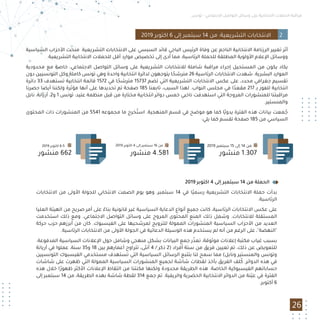 ‫ﺗﻮﻧﺲ‬ - ‫اﻻﺟﺘﻤﺎﻋﻲ‬ ‫اﻟﺘﻮاﺻﻞ‬ ‫وﺳﺎﺋﻞ‬ ‫ﻋﻠﻰ‬ ‫اﻻﻧﺘﺨﺎﺑﻴﺔ‬ ‫اﻟﺤﻤﻼت‬ ‫ﻣﺮاﻗﺒﺔ‬
26
2019 ‫اﻛﺘﻮﺑﺮ‬ 6 ‫إﻟﻰ‬ ‫ﺳﺒﺘﻤﺒﺮ‬ 14 ‫ﻣﻦ‬ :‫اﻟﺘﺸﺮﻳﻌﻴﺔ‬ ‫اﻻﻧﺘﺨﺎﺑﺎت‬ 2
‫اﻟﺴﻴﺎﺳﻴﺔ‬ ‫اﻷﺣﺰاب‬ ‫ﻣﻨﺤﺖ‬ .‫اﻟﺘﺸﺮﻳﻌﻴﺔ‬ ‫اﻻﻧﺘﺨﺎﺑﺎت‬ ‫ﻋﻠﻰ‬ ‫اﻟﺴﺒﺴﻲ‬ ‫ﻗﺎﺋﺪ‬ ‫اﻟﺒﺎﺟﻲ‬ ‫اﻟﺮﺋﻴﺲ‬ ‫وﻓﺎة‬ ‫ﻋﻦ‬ ‫اﻟﻨﺎﺟﻢ‬ ‫اﻻﻧﺘﺨﺎﺑﻴﺔ‬ ‫اﻟﺮزﻧﺎﻣﺔ‬ ‫ﺗﻐﻴﻴﺮ‬ ‫أﺛﺮ‬
.‫اﻟﺘﺸﺮﻳﻌﻴﺔ‬ ‫اﻻﻧﺘﺨﺎﺑﻴﺔ‬ ‫ﻟﻠﺤﻤﻼت‬ ‫أﻗﻞ‬ ‫ﻣﻮارد‬ ‫ﺗﺨﺼﻴﺺ‬ ‫إﻟﻰ‬ ‫أدى‬ ‫ﻣﻤﺎ‬ ،‫اﻟﺮﺋﺎﺳﻴﺔ‬ ‫ﻟﻠﺤﻤﻠﺔ‬ ‫اﻟﻤﻄﻠﻘﺔ‬ ‫اﻷوﻟﻮﻳﺔ‬ ‫اﻹﻋﻼم‬ ‫ووﺳﺎﺋﻞ‬
‫ﻣﺤﺪودﻳﺔ‬ ‫ﻣﻊ‬ ‫ﺧﺎﺻﺔ‬ ،‫اﻻﺟﺘﻤﺎﻋﻲ‬ ‫اﻟﺘﻮاﺻﻞ‬ ‫وﺳﺎﺋﻞ‬ ‫ﻋﻠﻰ‬ ‫اﻟﺘﺸﺮﻳﻌﻴﺔ‬ ‫ﻟﻼﻧﺘﺨﺎﺑﺎت‬ ‫ﺷﺎﻣﻠﺔ‬ ‫ﻣﺮاﻗﺒﺔ‬ ‫إﺟﺮاء‬ ‫اﻟﻤﺴﺘﺤﻴﻞ‬ ‫ﻣﻦ‬ ‫ﻳﻜﻮن‬ ‫ﻳﻜﺎد‬
‫دون‬ ‫اﻟﺘﻮﻧﺴﻴﻴﻦ‬ ‫وﻛﻞ‬ ‫ﻛﺎﻣﻠﺔ‬ ‫ﺗﻮﻧﺲ‬ ‫وﻫﻲ‬ ‫واﺣﺪة‬ ‫اﻧﺘﺨﺎﺑﻴﺔ‬ ‫ﻟﺪاﺋﺮة‬ ‫ﻳﺘﻮﺟﻬﻮن‬ ‫ﺎ‬ ً‫ﻣﺘﺮﺷﺤ‬ 26 ‫اﻟﺮﺋﺎﺳﻴﺔ‬ ‫اﻻﻧﺘﺨﺎﺑﺎت‬ ‫ﺷﻬﺪت‬ .‫اﻟﺒﺸﺮﻳﺔ‬ ‫اﻟﻤﻮارد‬
‫داﺋﺮة‬ 33 ‫ﺗﺴﺘﻬﺪف‬ ‫اﻧﺘﺨﺎﺑﻴﺔ‬ ‫ﻗﺎﺋﻤﺔ‬ 1572 ‫ﻓﻲ‬ ‫ﺎ‬ ً‫ﻣﺘﺮﺷﺤ‬ 15737 ‫ﺗﻀﻢ‬ ‫اﻟﺘﻲ‬ ‫اﻟﺘﺸﺮﻳﻌﻴﺔ‬ ‫اﻻﻧﺘﺨﺎﺑﺎت‬ ‫ﻋﻜﺲ‬ ‫ﻋﻠﻰ‬ ،‫ﻣﺤﺪد‬ ‫ﺟﻐﺮاﻓﻲ‬ ‫ﺗﻘﺴﻴﻢ‬
‫ﺣﺼﺮﻧﺎ‬ ‫أﻳﻀﺎ‬ ‫وﻟﻜﻨﻨﺎ‬ ‫ﻣﺆﺛﺮة‬ ‫أﻧﻬﺎ‬ ‫ﻋﻠﻰ‬ ‫ﺗﺤﺪﻳﺪﻫﺎ‬ ‫ﺗﻢ‬ ‫ﺻﻔﺤﺔ‬ 185 ‫ﺗﺎﺑﻌﻨﺎ‬ ،‫اﻟﺴﺒﺐ‬ ‫ﻟﻬﺬا‬ .‫اﻟﻨﻮاب‬ ‫ﻣﺠﻠﺲ‬ ‫ﻓﻲ‬ ‫ا‬ً‫ﻣﻘﻌﺪ‬ 217 ‫ﺑـ‬ ‫ﻟﻠﻔﻮز‬ ‫اﻧﺘﺨﺎﺑﻴﺔ‬
‫ﻧﺎﺑﻞ‬ ،‫أرﻳﺎﻧﺔ‬ ،2‫و‬ 1 ‫ﺗﻮﻧﺲ‬ :‫ﻋﺘﻴﺪ‬ ‫ﻣﻨﻈﻤﺔ‬ ‫ﻗﺒﻞ‬ ‫ﻣﻦ‬ ‫ﻣﺨﺘﺎرة‬ ‫اﻧﺘﺨﺎﺑﻴﺔ‬ ‫دواﺋﺮ‬ ‫ﺧﻤﺲ‬ ‫ﻧﺎﺧﺒﻲ‬ ‫اﺳﺘﻬﺪﻓﺖ‬ ‫اﻟﺘﻲ‬ ‫اﻟﻤﺮوﺟﺔ‬ ‫ﻟﻠﻤﻨﺸﻮرات‬ ‫ﻣﺮاﻗﺒﺘﻨﺎ‬
.‫واﻟﻤﻨﺴﺘﻴﺮ‬
‫اﻟﻤﺤﺘﻮى‬ ‫ذات‬ ‫اﻟﻤﻨﺸﻮرات‬ ‫ﻣﻦ‬ 5541 ‫ﻣﺠﻤﻮﻋﻪ‬ ‫ﻣﺎ‬ ‫ﺨﺮج‬ُ‫اﺳﺘ‬ .‫اﻟﻤﻨﻬﺠﻴﺔ‬ ‫ﻗﺴﻢ‬ ‫ﻓﻲ‬ ‫ﻣﻮﺿﺢ‬ ‫ﻫﻮ‬ ‫ﻛﻤﺎ‬ ‫ًﺎ‬‫ﻳ‬‫ﻳﺪو‬ ‫اﻟﻔﺘﺮة‬ ‫ﻫﺬه‬ ‫ﺑﻴﺎﻧﺎت‬ ‫ﻤﻌﺖ‬ ُ‫ﺟ‬
:‫ﻳﻠﻲ‬ ‫ﻛﻤﺎ‬ ‫ﺗﻘﺴﻢ‬ ‫ﺻﻔﺤﺔ‬ 185 ‫ﻣﻦ‬ ‫اﻟﺴﻴﺎﺳﻲ‬
2019 ‫اﻛﺘﻮﺑﺮ‬ 4 ‫إﻟﻰ‬ ‫ﺳﺒﺘﻤﺒﺮ‬ 14 ‫ﻣﻦ‬ ‫اﻟﺤﻤﻠﺔ‬
‫اﻻﻧﺘﺨﺎﺑﺎت‬ ‫ﻣﻦ‬ ‫اﻷوﻟﻰ‬ ‫ﻟﻠﺠﻮﻟﺔ‬ ‫اﻻﻧﺘﺨﺎﺑﻲ‬ ‫اﻟﺼﻤﺖ‬ ‫ﻳﻮم‬ ‫وﻫﻮ‬ ،‫ﺳﺒﺘﻤﺒﺮ‬ 14 ‫ﻓﻲ‬ ‫ًﺎ‬‫ﻴ‬‫رﺳﻤ‬ ‫اﻟﺘﺸﺮﻳﻌﻴﺔ‬ ‫اﻻﻧﺘﺨﺎﺑﺎت‬ ‫ﺣﻤﻠﺔ‬ ‫ﺑﺪأت‬
.‫اﻟﺮﺋﺎﺳﻴﺔ‬
‫اﻟﻌﻠﻴﺎ‬ ‫اﻟﻬﻴﺌﺔ‬ ‫ﻣﻦ‬ ‫ﺻﺮﻳﺢ‬ ‫أﻣﺮ‬ ‫ﻋﻠﻰ‬ ً‫ﺑﻨﺎء‬ ‫ﻗﺎﻧﻮﻧﻴﺔ‬ ‫ﻏﻴﺮ‬ ‫اﻟﺴﻴﺎﺳﻴﺔ‬ ‫اﻟﺪﻋﺎﻳﺔ‬ ‫أﻧﻮاع‬ ‫ﺟﻤﻴﻊ‬ ‫ﻛﺎﻧﺖ‬ ،‫اﻟﺮﺋﺎﺳﻴﺔ‬ ‫اﻻﻧﺘﺨﺎﺑﺎت‬ ‫ﻋﻜﺲ‬ ‫ﻋﻠﻰ‬
‫اﺳﺘﺨﺪﻣﺖ‬ ‫ذﻟﻚ‬ ‫وﻣﻊ‬ .‫اﻻﺟﺘﻤﺎﻋﻲ‬ ‫اﻟﺘﻮاﺻﻞ‬ ‫وﺳﺎﺋﻞ‬ ‫ﻋﻠﻰ‬ ‫اﻟﻤﺮوج‬ ‫اﻟﻤﺤﺘﻮى‬ ‫اﻟﻤﻨﻊ‬ ‫ذﻟﻚ‬ ‫وﺷﻤﻞ‬ .‫ﻟﻼﻧﺘﺨﺎﺑﺎت‬ ‫اﻟﻤﺴﺘﻘﻠﺔ‬
‫ﺣﺮﻛﺔ‬ ‫ﺣﺰب‬ ‫أﺑﺮزﻫﻢ‬ ‫ﻣﻦ‬ ‫ﻛﺎن‬ .‫اﻟﻔﻴﺴﺒﻮك‬ ‫ﻋﻠﻰ‬ ‫ﻟﻤﺮﺷﺤﻴﻬﺎ‬ ‫ﻟﻠﺘﺮوﻳﺞ‬ ‫اﻟﻤﻤﻮﻟﺔ‬ ‫اﻟﻤﻨﺸﻮرات‬ ‫اﻟﺴﻴﺎﺳﻴﺔ‬ ‫اﻷﺣﺰاب‬ ‫ﻣﻦ‬ ‫اﻟﻌﺪﻳﺪ‬
.‫اﻟﺮﺋﺎﺳﻴﺔ‬ ‫اﻻﻧﺘﺨﺎﺑﺎت‬ ‫ﻣﻦ‬ ‫اﻷوﻟﻰ‬ ‫اﻟﺠﻮﻟﺔ‬ ‫ﻓﻲ‬ ‫اﻟﺪﻋﺎﺋﻴﺔ‬ ‫اﻟﻮﺳﻴﻠﺔ‬ ‫ﻫﺬه‬ ‫ﻳﺴﺘﺨﺪم‬ ‫ﻟﻢ‬ ‫أﻧﻪ‬ ‫ﻣﻦ‬ ‫اﻟﺮﻏﻢ‬ ‫ﻋﻠﻰ‬ ،"‫"اﻟﻨﻬﻀﺔ‬
.‫اﻟﻤﺪﻓﻮﻋﺔ‬ ‫اﻟﺴﻴﺎﺳﻴﺔ‬ ‫اﻹﻋﻼﻧﺎت‬ ‫ﺣﻮل‬ ‫وﺷﺎﻣﻞ‬ ‫ﻣﻨﻬﺠﻲ‬ ‫ﺑﺸﻜﻞ‬ ‫اﻟﺒﻴﺎﻧﺎت‬ ‫ﺟﻤﻊ‬ ‫ر‬ّ‫ﺗﻌﺬ‬ ،‫ﻣﻮﺛﻮﻗﺔ‬ ‫إﻋﻼﻧﺎت‬ ‫ﻣﻜﺘﺒﺔ‬ ‫ﻏﻴﺎب‬ ‫ﺑﺴﺒﺐ‬
‫أرﻳﺎﻧﺔ‬ ‫ﻓﻲ‬ ‫ﻋﻤﻠﻮا‬ ،‫ﺳﻨﺔ‬ 35‫و‬ 18 ‫ﺑﻴﻦ‬ ‫أﻋﻤﺎرﻫﻢ‬ ‫ﺗﺘﺮاوح‬ ،‫أﻧﺜﻰ‬ 4 / ‫ذﻛﺮ‬ 2) ‫أﻓﺮاد‬ ‫ﺳﺘﺔ‬ ‫ﻣﻦ‬ ‫ﻓﺮﻳﻖ‬ ‫ﺗﻌﻴﻴﻦ‬ ‫ﺗﻢ‬ ،‫ذﻟﻚ‬ ‫ﻋﻦ‬ ‫ﻟﻠﺘﻌﻮﻳﺾ‬
‫اﻟﺘﻮﻧﺴﻴﻴﻦ‬ ‫اﻟﻔﻴﺴﺒﻮك‬ ‫ﻣﺴﺘﺨﺪﻣﻲ‬ ‫ﺗﺴﺘﻬﺪف‬ ‫اﻟﺘﻲ‬ ‫اﻟﺴﻴﺎﺳﻴﺔ‬ ‫اﻟﺮﺳﺎﺋﻞ‬ ‫ﺑﺘﺘﺒﻊ‬ ‫ﻟﻨﺎ‬ ‫ﺳﻤﺢ‬ ‫ﻣﻤﺎ‬ (‫وﻧﺎﺑﻞ‬ ‫واﻟﻤﻨﺴﺘﻴﺮ‬ ‫وﺗﻮﻧﺲ‬
‫ﺷﺎﺷﺎت‬ ‫ﻋﻠﻰ‬ ‫ﻇﻬﺮت‬ ‫اﻟﺘﻲ‬ ‫اﻟﻤﻤﻮﻟﺔ‬ ‫اﻟﺴﻴﺎﺳﻴﺔ‬ ‫اﻟﻤﻨﺸﻮرات‬ ‫ﻟﺠﻤﻴﻊ‬ ‫ﺷﺎﺷﺔ‬ ‫ﻟﻘﻄﺎت‬ ‫ﺑﺄﺧﺬ‬ ‫اﻟﻔﺮﻳﻖ‬ ‫ﻠﻒ‬ُ‫ﻛ‬ .‫اﻟﺪواﺋﺮ‬ ‫ﻫﺬه‬ ‫ﻓﻲ‬
‫ﻫﺬه‬ ‫ﺧﻼل‬ ‫ا‬ً‫ر‬‫ﻇﻬﻮ‬ ‫اﻷﻛﺜﺮ‬ ‫اﻹﻋﻼﻧﺎت‬ ‫اﻟﺘﻘﺎط‬ ‫ﻣﻦ‬ ‫ﻣﻜﻨﺘﻨﺎ‬ ‫وﻟﻜﻨﻬﺎ‬ ‫ﻣﺤﺪودة‬ ‫اﻟﻄﺮﻳﻘﺔ‬ ‫ﻫﺬه‬ .‫اﻟﺨﺎﺻﺔ‬ ‫اﻟﻔﻴﺴﺒﻮﻛﻴﺔ‬ ‫ﺣﺴﺎﺑﺎﺗﻬﻢ‬
‫إﻟﻰ‬ ‫ﺳﺒﺘﻤﺒﺮ‬ 14 ‫ﻣﻦ‬ ،‫اﻟﻄﺮﻳﻘﺔ‬ ‫ﺑﻬﺬه‬ ‫ﺷﺎﺷﺔ‬ ‫ﻟﻘﻄﺔ‬ 314 ‫ﺟﻤﻊ‬ ‫ﺗﻢ‬ .‫واﻟﺮﻳﻔﻴﺔ‬ ‫اﻟﺤﻀﺮﻳﺔ‬ ‫اﻻﻧﺘﺨﺎﺑﻴﺔ‬ ‫اﻟﺪواﺋﺮ‬ ‫ﻣﻦ‬ ‫ّﻨﺔ‬‫ﻴ‬‫ﻋ‬ ‫ﻓﻲ‬ ‫اﻟﻔﺘﺮة‬
.‫أﻛﺘﻮﺑﺮ‬ 6
‫ﻣﻨﺸﻮر‬ 662
2019 ‫اﻛﺘﻮﺑﺮ‬ 6-5
‫ﻣﻨﺸﻮر‬ 4.581
2019 ‫اﻛﺘﻮﺑﺮ‬ 4 ‫إﻟﻰ‬ ‫ﺳﺒﺘﻤﺒﺮ‬ 16 ‫ﻣﻦ‬
‫ﻣﻨﺸﻮر‬ 1.307
2019 ‫ﺳﺒﺘﻤﺒﺮ‬ 15 ‫إﻟﻰ‬ 14 ‫ﻣﻦ‬
 