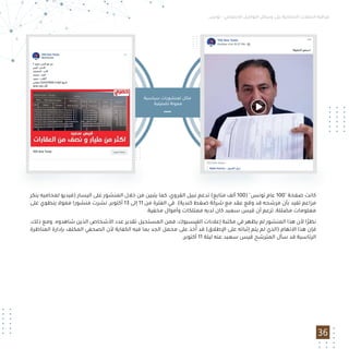 ‫ﺗﻮﻧﺲ‬ - ‫اﻻﺟﺘﻤﺎﻋﻲ‬ ‫اﻟﺘﻮاﺻﻞ‬ ‫وﺳﺎﺋﻞ‬ ‫ﻋﻠﻰ‬ ‫اﻻﻧﺘﺨﺎﺑﻴﺔ‬ ‫اﻟﺤﻤﻼت‬ ‫ﻣﺮاﻗﺒﺔ‬
‫ﻳﻨﻜﺮ‬ ‫ﻟﻤﺤﺎﻣﻴﻪ‬ ‫)ﻓﻴﺪﻳﻮ‬ ‫اﻟﻴﺴﺎر‬ ‫ﻋﻠﻰ‬ ‫اﻟﻤﻨﺸﻮر‬ ‫ﺧﻼل‬ ‫ﻣﻦ‬ ‫ﻳﺘﺒﻴﻦ‬ ‫ﻛﻤﺎ‬ ،‫اﻟﻘﺮوي‬ ‫ﻧﺒﻴﻞ‬ ‫ﺗﺪﻋﻢ‬ (‫ﻣﺘﺎﺑﻊ‬ ‫أﻟﻒ‬ 100) "‫ﺗﻮﻧﺲ‬ ‫ﻋﺎم‬ 100" ‫ﺻﻔﺤﺔ‬ ‫ﻛﺎﻧﺖ‬
‫ﻋﻠﻰ‬ ‫ﻳﻨﻄﻮي‬ ‫ﻣﻤﻮﻻ‬ ‫ﻣﻨﺸﻮرا‬ ‫ﻧﺸﺮت‬ ،‫أﻛﺘﻮﺑﺮ‬ 13 ‫إﻟﻰ‬ 11 ‫ﻣﻦ‬ ‫اﻟﻔﺘﺮة‬ ‫ﻓﻲ‬ .(‫ﻛﻨﺪﻳﺔ‬ ‫ﺿﻐﻂ‬ ‫ﺷﺮﻛﺔ‬ ‫ﻣﻊ‬ ‫ﻋﻘﺪ‬ ‫وﻗﻊ‬ ‫ﻗﺪ‬ ‫ﻣﺮﺷﺤﻪ‬ ‫ﺑﺄن‬ ‫ﺗﻔﻴﺪ‬ ‫ﻣﺰاﻋﻢ‬
.‫ﻣﺨﻔﻴﺔ‬ ‫وأﻣﻮال‬ ‫ﻣﻤﺘﻠﻜﺎت‬ ‫ﻟﺪﻳﻪ‬ ‫ﻛﺎن‬ ‫ﺳﻌﻴﺪ‬ ‫ﻗﻴﺲ‬ ‫أن‬ ‫ﺗﺰﻋﻢ‬ ،‫ﻣﻀﻠﻠﺔ‬ ‫ﻣﻌﻠﻮﻣﺎت‬
،‫ذﻟﻚ‬ ‫وﻣﻊ‬ .‫ﺷﺎﻫﺪوه‬ ‫اﻟﺬﻳﻦ‬ ‫اﻷﺷﺨﺎص‬ ‫ﻋﺪد‬ ‫ﺗﻘﺪﻳﺮ‬ ‫اﻟﻤﺴﺘﺤﻴﻞ‬ ‫ﻓﻤﻦ‬ ،‫اﻟﻔﻴﺴﺒﻮك‬ ‫إﻋﻼﻧﺎت‬ ‫ﻣﻜﺘﺒﺔ‬ ‫ﻓﻲ‬ ‫ﻳﻈﻬﺮ‬ ‫ﻟﻢ‬ ‫اﻟﻤﻨﺸﻮر‬ ‫ﻫﺬا‬ ‫ﻷن‬ ‫ا‬ً‫ﺮ‬‫ﻧﻈ‬
‫اﻟﻤﻨﺎﻇﺮة‬ ‫ﺑﺈدارة‬ ‫اﻟﻤﻜﻠﻒ‬ ‫اﻟﺼﺤﻔﻲ‬ ‫ﻷن‬ ‫اﻟﻜﻔﺎﻳﺔ‬ ‫ﻓﻴﻪ‬ ‫ﺑﻤﺎ‬ ‫اﻟﺠﺪ‬ ‫ﻣﺤﻤﻞ‬ ‫ﻋﻠﻰ‬ ‫ﺧﺬ‬ُ‫أ‬ ‫ﻗﺪ‬ (‫اﻹﻃﻼق‬ ‫ﻋﻠﻰ‬ ‫إﺛﺒﺎﺗﻪ‬ ‫ﻳﺘﻢ‬ ‫ﻟﻢ‬ ‫)اﻟﺬي‬ ‫اﻻﺗﻬﺎم‬ ‫ﻫﺬا‬ ‫ﻓﺈن‬
.‫أﻛﺘﻮﺑﺮ‬ 11 ‫ﻟﻴﻠﺔ‬ ‫ﻋﻨﻪ‬ ‫ﺳﻌﻴﺪ‬ ‫ﻗﻴﺲ‬ ‫اﻟﻤﺘﺮﺷﺢ‬ ‫ﺳﺄل‬ ‫ﻗﺪ‬ ‫اﻟﺮﺋﺎﺳﻴﺔ‬
36
‫ﺳﻴﺎﺳﻴﺔ‬ ‫ﻟﻤﻨﺸﻮرات‬ ‫ﻣﺜﺎل‬
.‫ﺗﻀﻠﻴﻠﻴﺔ‬ ‫ﻣﻤﻮﻟﺔ‬
 