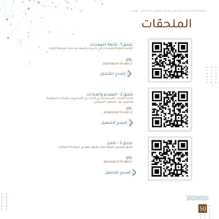 ‫ﺗﻮﻧﺲ‬ - ‫اﻻﺟﺘﻤﺎﻋﻲ‬ ‫اﻟﺘﻮاﺻﻞ‬ ‫وﺳﺎﺋﻞ‬ ‫ﻋﻠﻰ‬ ‫اﻻﻧﺘﺨﺎﺑﻴﺔ‬ ‫اﻟﺤﻤﻼت‬ ‫ﻣﺮاﻗﺒﺔ‬
‫اﻟﻤﻠﺤﻘﺎت‬
‫اﻟﺼﻔﺤﺎت‬ ‫ﻗﺎﺋﻤﺔ‬ - 1 ‫ﻣﻠﺤﻖ‬
‫اﻷوﻟﻴﺔ‬ ‫اﻟﻤﺮاﻗﺒﺔ‬ ‫ﻓﺘﺮة‬ ‫ﻣﻨﺬ‬ ‫ﻣﺮاﻗﺒﺘﻬﺎ‬ ‫ﺑﺎﺷﺮﻧﺎ‬ ‫اﻟﺘﻲ‬ ‫ﻟﻠﺼﻔﺤﺎت‬ ‫اﻷوﻟﻴﺔ‬ ‫اﻟﻘﺎﺋﻤﺔ‬
URL
2SD3FWQ/HTTP://BIT.LY
‫ﻟﻠﺘﺤﻤﻴﻞ‬ ‫إﻣﺴﺢ‬
URL
2RYMF2V/HTTP://BIT.LY
‫واﻟﻌﺒﺎرات‬ ‫اﻟﻤﻌﺠﻢ‬ - 2 ‫ﻣﻠﺤﻖ‬
‫اﻟﻤﻄﻠﻮﺑﺔ‬ ‫واﻟﺒﻴﺎﻧﺎت‬ ‫اﻟﻤﻨﺸﻮرات‬ ‫ﻋﻦ‬ ‫اﻟﺒﺤﺚ‬ ‫ﻓﻲ‬ ‫اﻟﻤﺴﺘﺨﺪﻣﺔ‬ ‫اﻟﻜﻠﻤﺎت‬ ‫ﻗﺎﺋﻤﺔ‬
‫اﻟﻠﺴﻴﺎﺳﻲ‬ ‫اﻟﻤﺤﺘﻮى‬ ‫ﻋﻠﻰ‬ ‫وﻟﻠﺘﻌﺮف‬
‫ﻟﻠﺘﺤﻤﻴﻞ‬ ‫إﻣﺴﺢ‬
URL
2RA3HNZ/HTTP://BIT.LY
‫ﻧﺎﺗﻔﻴﺰ‬ - 3 ‫ﻣﻠﺤﻖ‬
‫ﻟﻠﺒﻴﺎﻧﺎت‬ ‫اﺳﺘﺨﺮاﺟﻪ‬ ‫ﻓﻲ‬ ‫ﻧﺘﻔﻴﺰ‬ ‫ﺗﻄﺒﻴﻖ‬ ‫ﻋﻤﻞ‬ ‫ﻟﻜﻴﻔﻴﺔ‬ ‫ﺗﻔﺴﻴﺮي‬ ‫ﻣﻠﺤﻖ‬
‫ﻟﻠﺘﺤﻤﻴﻞ‬ ‫إﻣﺴﺢ‬
50
 