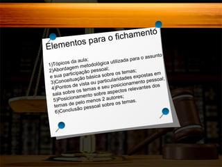 amento
h
ara o fic
p
mentos
Ele
unto
ra o ass
ada pa
aula;
picos da
gica utiliz
1)Tó
etodoló
dagem m pessoal;
2)Abor
ção
emas;
as em
participa ásica sobre os t
e sua
s expost soal;
ridade
uação b
particula ionamento pes
)Conceit
3
vista ou
ic
es dos
ontos de emas e seu pos
4)P
relevant
re os t
pectos
sala sob
sobre as
amento
utores;
Posicion
5)
enos 2 a os temas.
pelo m
emas de
al sobre
t
o pesso
sã
6)Conclu

 