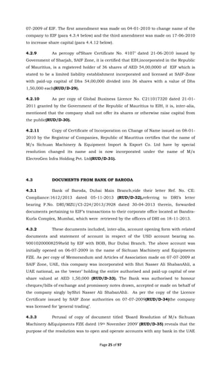 Page 25 of 97
07-2009 of EIF. The first amendment was made on 04-01-2010 to change name of the
company to EIF (para 4.3.4 below) and the third amendment was made on 17-06-2010
to increase share capital (para 4.4.12 below).
4.2.9 As percopy of‘Share Certificate No. 4107’ dated 21-06-2010 issued by
Government of Sharjah, SAIF Zone, it is certified that EIH,incorporated in the Republic
of Mauritius, is a registered holder of 36 shares of AED 54,00,0000 of EIF which is
stated to be a limited liability establishment incorporated and licensed at SAIF-Zone
with paid-up capital of Dhs 54,00,000 divided into 36 shares with a value of Dhs
1,50,000 each(RUD/D-29).
4.2.10 As per copy of Global Business Licence No. C211017320 dated 21-01-
2011 granted by the Government of the Republic of Mauritius to EIH, it is, inter-alia,
mentioned that the company shall not offer its shares or otherwise raise capital from
the public(RUD/D-30).
4.2.11 Copy of Certificate of Incorporation on Change of Name issued on 08-01-
2010 by the Registrar of Companies, Republic of Mauritius certifies that the name of
M/s Sichuan Machinery & Equipment Import & Export Co. Ltd have by special
resolution changed its name and is now incorporated under the name of M/s
ElectroGen Infra Holding Pvt. Ltd(RUD/D-31).
4.3 DOCUMENTS FROM BANK OF BARODA
4.3.1 Bank of Baroda, Dubai Main Branch,vide their letter Ref. No. CE:
Compliance:1612/2013 dated 05-11-2013 (RUD/D-32),referring to DRI’s letter
bearing F.No. DRI/MZU/CI-224/2013/3928 dated 30-04-2013 therein, forwarded
documents pertaining to EIF’s transactions to their corporate office located at Bandra-
Kurla Complex, Mumbai, which were retrieved by the officers of DRI on 18-11-2013.
4.3.2 These documents included, inter-alia, account opening form with related
documents and statement of account in respect of the USD account bearing no.
90010200008259held by EIF with BOB, Bur Dubai Branch. The above account was
initially opened on 06-07-2009 in the name of Sichuan Machinery and Equipments
FZE. As per copy of Memorandum and Articles of Association made on 07-07-2009 at
SAIF Zone, UAE, this company was incorporated with Shri Nasser Ali ShabanAhli, a
UAE national, as the ‘owner’ holding the entire authorised and paid-up capital of one
share valued at AED 1,50,000 (RUD/D-33). The Bank was authorised to honour
cheques/bills of exchange and promissory notes drawn, accepted or made on behalf of
the company singly byShri Nasser Ali ShabanAhli. As per the copy of the Licence
Certificate issued by SAIF Zone authorities on 07-07-2009(RUD/D-34)the company
was licensed for ‘general trading’.
4.3.3 Perusal of copy of document titled ‘Board Resolution of M/s Sichuan
Machinery &Equipments FZE dated 19th November 2009’ (RUD/D-35) reveals that the
purpose of the resolution was to open and operate accounts with any bank in the UAE
 