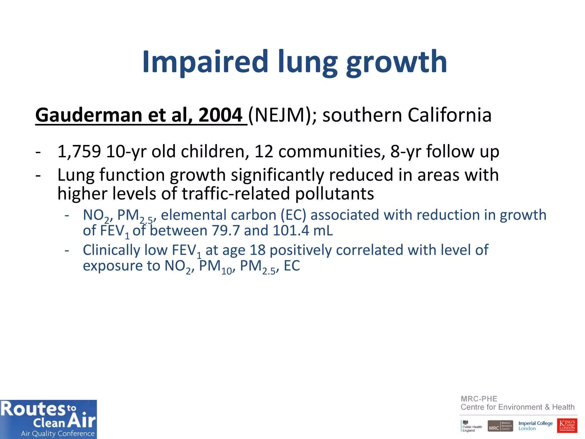 16
Impaired lung growth
Gauderman et al, 2004 (NEJM); southern California
- 1,759 10-yr old children, 12 communities, 8-yr follow up
- Lung function growth significantly reduced in areas with
higher levels of traffic-related pollutants
- NO2, PM2.5, elemental carbon (EC) associated with reduction in growth
of FEV1 of between 79.7 and 101.4 mL
- Clinically low FEV1 at age 18 positively correlated with level of
exposure to NO2, PM10, PM2.5, EC
 