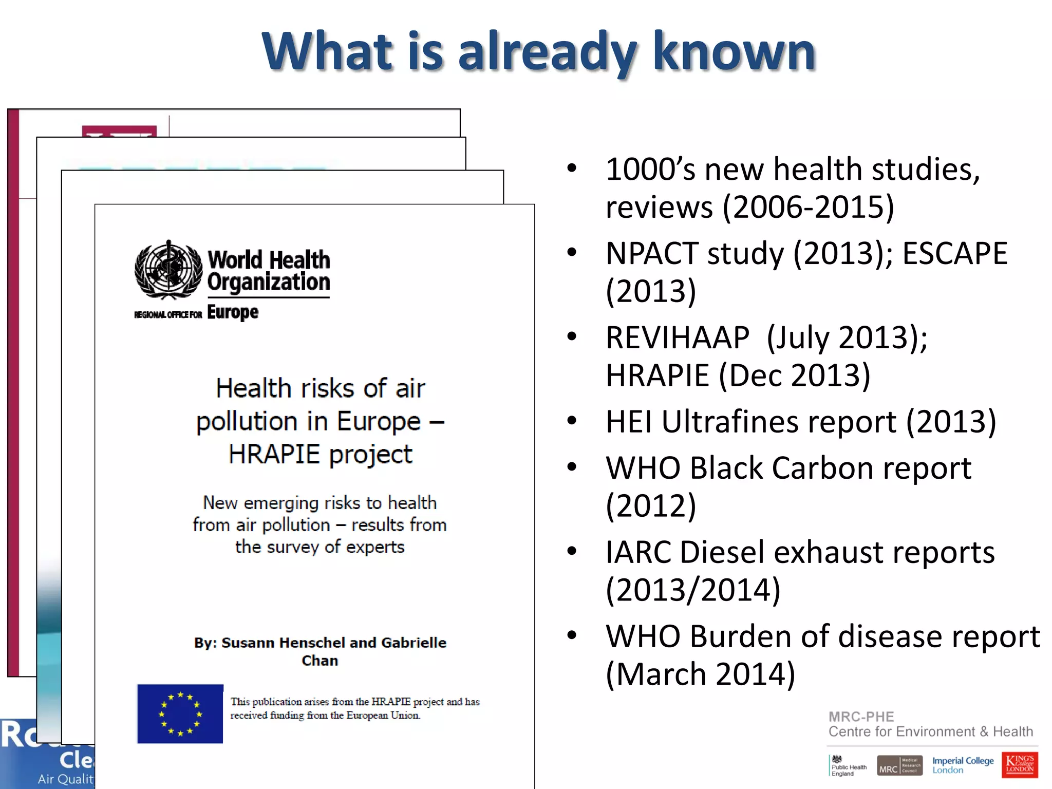 • 1000’s new health studies,
reviews (2006-2015)
• NPACT study (2013); ESCAPE
(2013)
• REVIHAAP (July 2013);
HRAPIE (Dec 2013)
• HEI Ultrafines report (2013)
• WHO Black Carbon report
(2012)
• IARC Diesel exhaust reports
(2013/2014)
• WHO Burden of disease report
(March 2014)
What is already known
 
