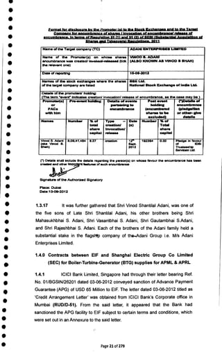 Format for disclosure by the iarornoter tai to the Stock Exchanoes and to the Tame*
Company for encumbjanugf spire. UpypcgSgp of encumbrance/ release of
e =
*J. •
1
Sharies Miami us►
If saulstlans..2211
Name of the Target company (TC) ADAM ENTERPRISES LIMITED
Name of the Promoter(s) on whose shares
encumbrance was created/ lovokedl-teleased (tick
the relevant one)
VE100 S. ADANI
(ALSO KNOWN AS VINOD It SHAH)
Date of reporting 15-09-2012
Names of the stock exchanges where the shares
of the target company are listed
ESE Ltd.
National Stock Exchange of India Ltd.
Details of the promoters' holding:
(The term wevenr indicates creation" invocation/ release of encumbrance, as the case may be )
Promoted.)
or
PAC.
with him
Pre-event holding Details of events
pertaining to
encumbrance
Poet went
holding
(encumbered
shares to be
excluded)
(*)Detalls of
encumbrance
(pledge/1bn
or other- glue
details
Names Number % of
total
share
capital
Type — -
creation!
invocation/
release
Dab
(a)
Number % of
Total
share
capital
Vinod S. Adani
(aka Vinod S.
Shah)
9,09,41,484 827 creation 12-
Sept
2012
192384 0.02 Pledge in favour
of IDS!
Trusteeship
Services Ltd.
(1 Details shall include the details regarding the person(s) on whose favour the encumbrance has been
created and other Wipe rit features of such encumbrance
Signature of the Authorized Signatory
Place: Dubai
Date:13-09-2012
S
•
•
•
•
•
•
•
•
•
•
•
•
•
•
•
•
•
•
•
•
S
• 1.3.17 It was further gathered that Shri Vinod Shantilal Adani, was one of
• the five sons of Late Shri Shantilal Adani, his other brothers being Shri
• Mahasukhbhai S. Adani, Shri Vasantbhai S. Adani, Shri Gautambhai S.Adani,
and Shri Rajeshbhai S. Adani. Each of the brothers of the Adani family held a
•
substantial stake in the flagship company of the*Adani Group i.e. M/s Adani
Enterprises Limited.
• 1.4.0 Contracts between EIF and Shanghai Electric Group Co Limited
•
(SEC) for Boiler-Turbine-Generator (BTG) supplies for APML & APRL
• 1.4.1 ICICI Bank Limited, Singapore had through their letter bearing Ref.
• No. 01/BGSIN/26201 dated 03-06-2012 conveyed sanction of Advance Payment
•
Guarantee (APG) of USD 65 Million to EIF. The letter dated 03-06-2012 titled as
•
'Credit Arrangement Letter' was obtained from ICICI Bank's Corporate office in
Mumbai (RUD/D-51). From the said letter, it appeared that the Bank had
• sanctioned the APG facility to EIF subject to certain terms and conditions, which
• were set out in an Annexure to the said letter.
•
•
• Page 21 of 279
 