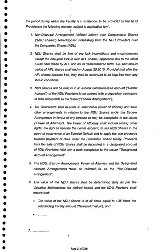 •
•
•
• the period during which the Facility is in existence, to be provided by the NDU
Providers in the following manner, subject to application law':
• 1. Non-Disposal Arrangement (defined below) over Companies's Shares
• ("NDU shares") Non-disposal undertaking from the NDU Providers over
• the Companies Shares (NDU)
• 2. NDU Shares shall be free of any lock inconditions and encumbrances
• except the one-year lock-in over APL shares, applicable due to the initial
•
public offer made by APL and are in dematerialized form. The said lock-in
•
period of APL shares shall end on August 20,2010. Provided that after the
APL shares become free, they shall be continued to be kept free from any
• lock-in conditions.
•
• 3. NDU Shares will be held in in an escrow dematerialized account ("Demat
Account') of the NDU Providers to be opened with a depository participant
• in India acceptable to the issuer ("Escrow Arrangement);
•
4. The Guarantors shall execute an irrevocable power of attorney and such
•
other arrangements in relation to the NDU Shares under the Escrow
• Arrangement in favour of any persona as may be acceptable to the issuer
• ("Power of Attorney). The Power of Attorney shall include among other
• rights, the right to operate the Demat account, to sell NDU Shares in the
• event of occurrence of an Event of Default and to apply the sale proceeds
•
towards payment of dues under the Guarantee and/or facility. Proceeds
from the sale of NDU Shares shall be deposited in a designated account
•
of NDU Providers held with a bank acceptable to the Issuer ("Designated
• Account Arrangement".
•
5. The NDU, Escrow Arrangement, Power of Attorney and the Designated
•
Account Arrangements -shall be referred- to as the "Non-Disposal
• arrangement".
•
•
6. The value of the NDU shares shall be determined daily as per the
Valuation Methodology (as defined below) and the NDU Providers shall
•
ensure that:
•
outstanding Facility amount ("Threshold Value,: and
•
•
•
•
• 7.
•
• Page 25 of 279
•
• The value of the NDU Shares is at all times equal to 1.35 times the
 