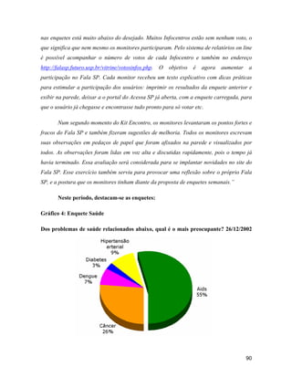 90
nas enquetes está muito abaixo do desejado. Muitos Infocentros estão sem nenhum voto, o
que significa que nem mesmo os monitores participaram. Pelo sistema de relatórios on line
é possível acompanhar o número de votos de cada Infocentro e também no endereço
http://falasp.futuro.usp.br/vitrine/votosinfos.php. O objetivo é agora aumentar a
participação no Fala SP. Cada monitor recebeu um texto explicativo com dicas práticas
para estimular a participação dos usuários: imprimir os resultados da enquete anterior e
exibir na parede, deixar a o portal do Acessa SP já aberta, com a enquete carregada, para
que o usuário já chegasse e encontrasse tudo pronto para só votar etc.
Num segundo momento do Kit Encontro, os monitores levantaram os pontos fortes e
fracos do Fala SP e também fizeram sugestões de melhoria. Todos os monitores escrevam
suas observações em pedaços de papel que foram afixados na parede e visualizados por
todos. As observações foram lidas em voz alta e discutidas rapidamente, pois o tempo já
havia terminado. Essa avaliação será considerada para se implantar novidades no site do
Fala SP. Esse exercício também serviu para provocar uma reflexão sobre o próprio Fala
SP, e a postura que os monitores tinham diante da proposta de enquetes semanais.
Neste período, destacam-se as enquetes:
Gráfico 4: Enquete Saúde
Dos problemas de saúde relacionados abaixo, qual é o mais preocupante? 26/12/2002
 