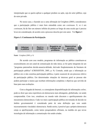 31
interpretação que se queira aplicar a qualquer produto ou ação, seja do setor público, seja
do setor privado.
No nosso caso, e fazendo eco a uma afirmação de Creighton (2005), consideramos
que a participação pública é mais bem entendida como um continuum. E, se é um
continuum, há de fato um número infinito de pontos ao longo de uma escala que é preciso
levar em consideração, de acordo com o processo descrito por este autor. Ver figura 1
Figura 1: Continuum da Participação
Fonte: Creighton (2005, p. 9)
De acordo com esse modelo, programas de informação ao público constituem-se
essencialmente em um canal de comunicação de mão única, se for parte integrante de um
programa paternalista decide-anuncia-defende, derivado freqüentemente da literatura de
participação pública (CREIGHTON, 2005, p. 9). Contudo, ainda que a informação ao
público em si não constitua participação pública, é parte essencial de um processo efetivo
de participação pública. Em determinadas situações de interesse geral as pessoas não
podem participar a menos que recebam informações completas e objetivas que servirão de
base para suas avaliações.
Com a chegada da Internet, e a conseqüente disponibilização de informações online,
pode-se dizer que uma experiência em democracia mais abrangente, globalizada, vai sendo
compreendida. Com isso, estudiosos no mundo todo discutem o aperfeiçoamento dos
mecanismos democráticos. Cada vez mais a participação pública em tomadas de decisão no
âmbito governamental é considerada parte de uma definição que vem sendo
necessariamente vinculada à democracia. Sendo assim, é possível que a própria democracia
esteja se aperfeiçoando, como tantos pesquisadores afirmam, na medida em que novas
tecnologias de informação e comunicação vão sendo criadas.
 