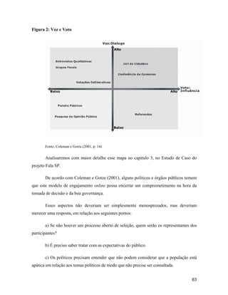 63
Figura 2: Voz e Voto
Fonte: Coleman e Gotze (2001, p. 14)
Analisaremos com maior detalhe esse mapa no capitulo 3, no Estudo de Caso do
projeto Fala SP.
De acordo com Coleman e Gotze (2001), alguns políticos e órgãos públicos temem
que este modelo de engajamento online possa encerrar um comprometimento na hora da
tomada de decisão e da boa governança.
Esses aspectos não deveriam ser simplesmente menosprezados, mas deveriam
merecer uma resposta, em relação aos seguintes pontos:
a) Se não houver um processo aberto de seleção, quem serão os representantes dos
participantes?
b) É preciso saber tratar com as expectativas do público.
c) Os políticos precisam entender que não podem considerar que a população está
apática em relação aos temas políticos de modo que não precise ser consultada.
 