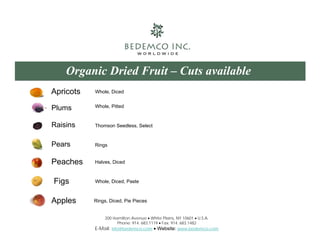 Organic Dried Fruit – Cuts available
Apricots   Whole, Diced


           Whole, Pitted
Plums

Raisins    Thomson Seedless...